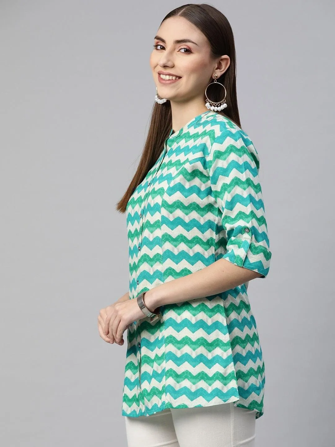 Teal Blue Geometric Rayon A-Line Shirts Style Top