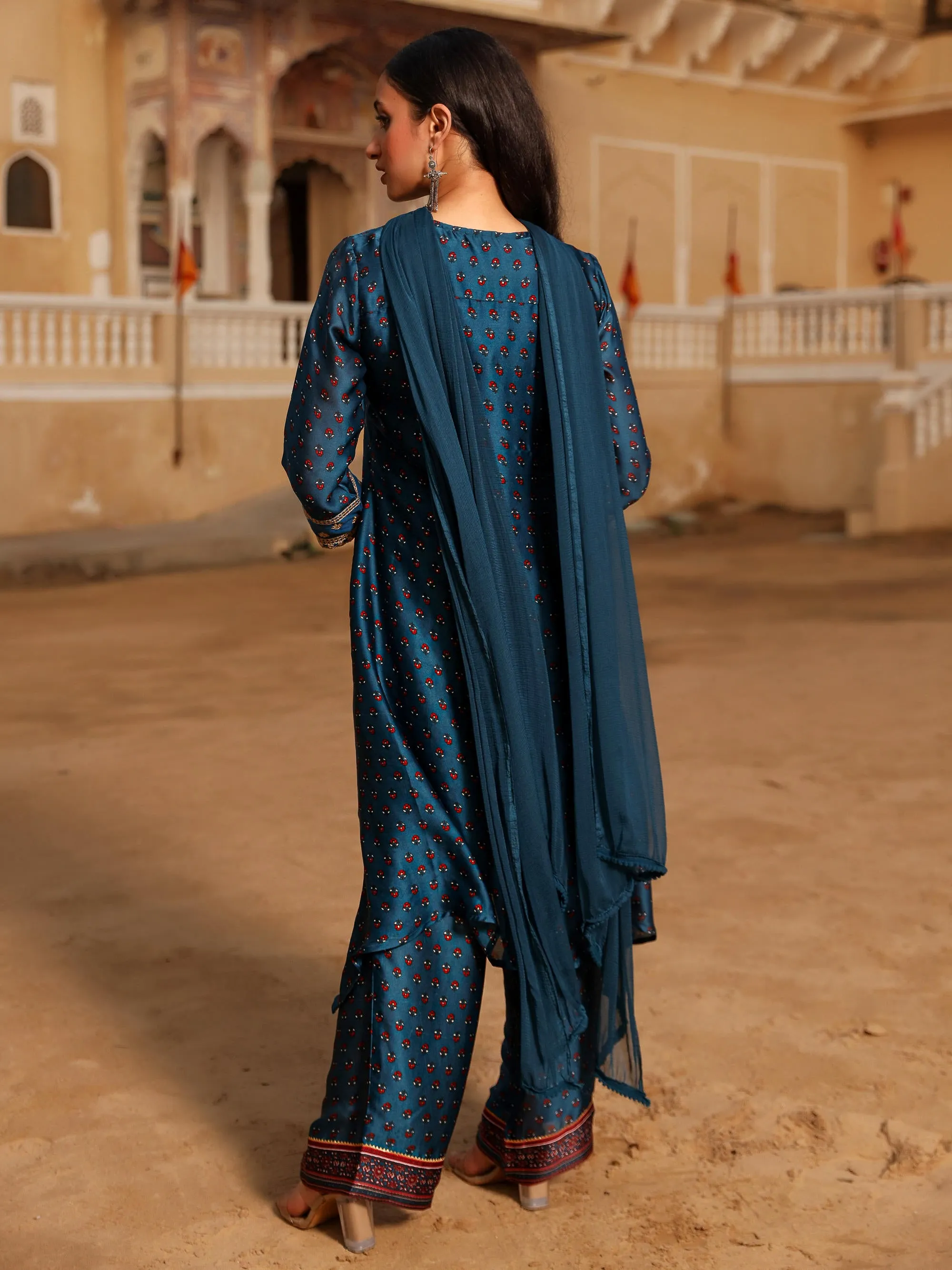 The Swarn Blue Ethnic Motif Printed Satin Kurta Pant And Dupatta With Zari & Mirror Work