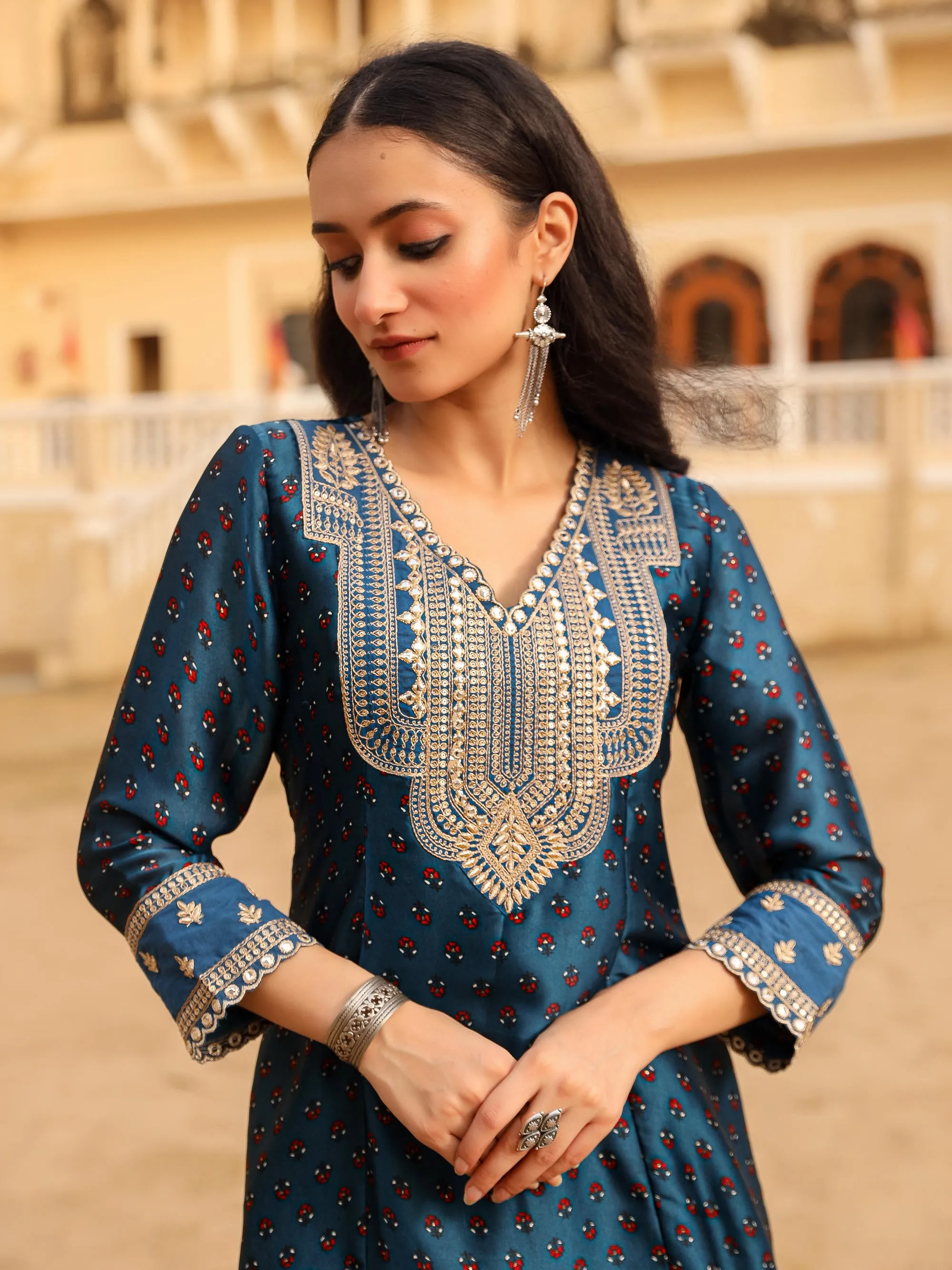 The Swarn Blue Ethnic Motif Printed Satin Kurta Pant And Dupatta With Zari & Mirror Work