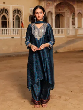 The Swarn Blue Ethnic Motif Printed Satin Kurta Pant And Dupatta With Zari & Mirror Work