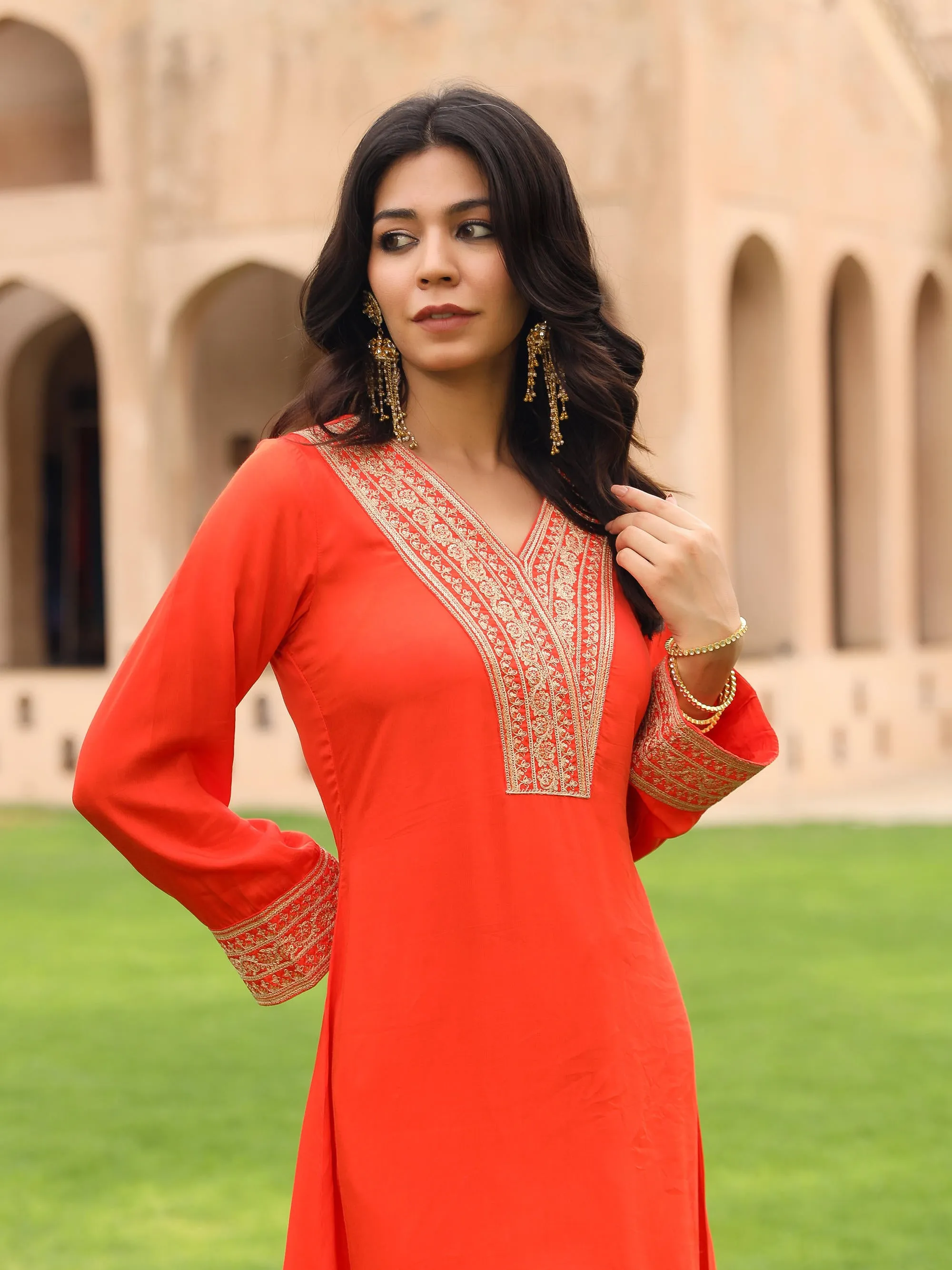 The Swarna Coral Zari Embroidered Viscose Kurta & Pant Set With Sequins