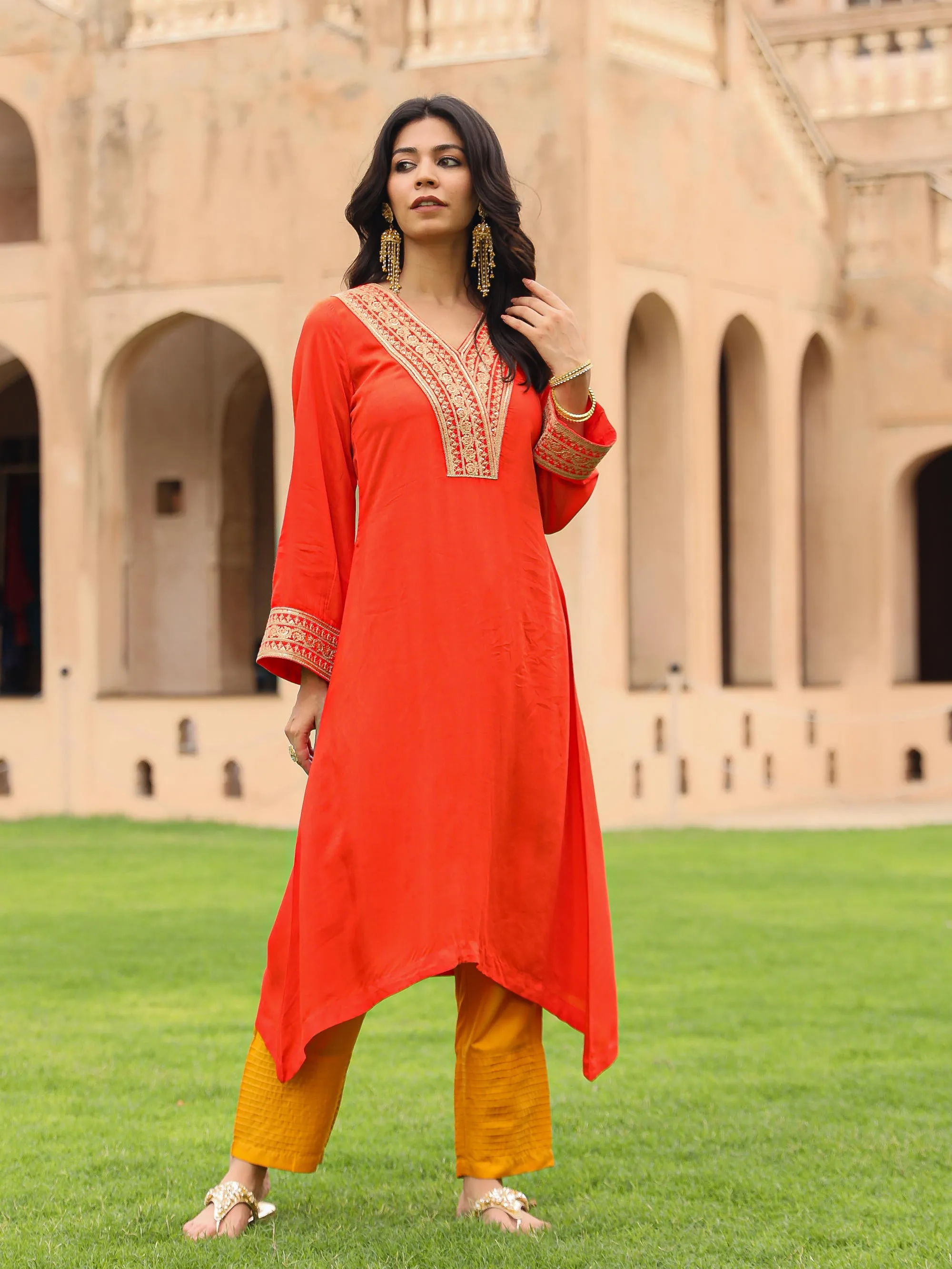 The Swarna Coral Zari Embroidered Viscose Kurta & Pant Set With Sequins