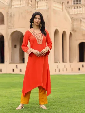 The Swarna Coral Zari Embroidered Viscose Kurta & Pant Set With Sequins