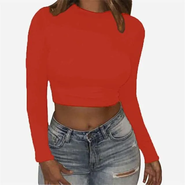 Trendy Women Solid Color Long Sleeve Crop Tops