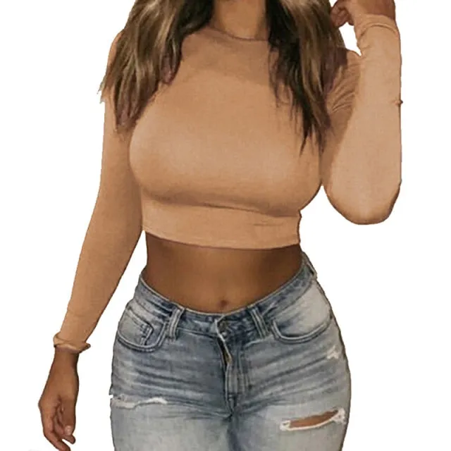 Trendy Women Solid Color Long Sleeve Crop Tops