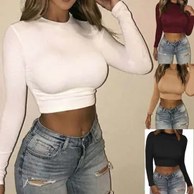 Trendy Women Solid Color Long Sleeve Crop Tops