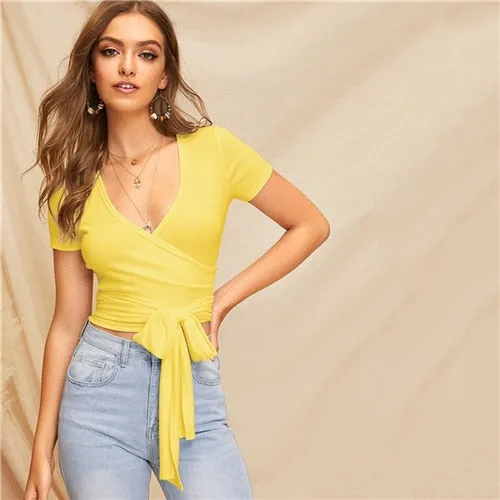 V Neck Crop  Slim Top T Shirt