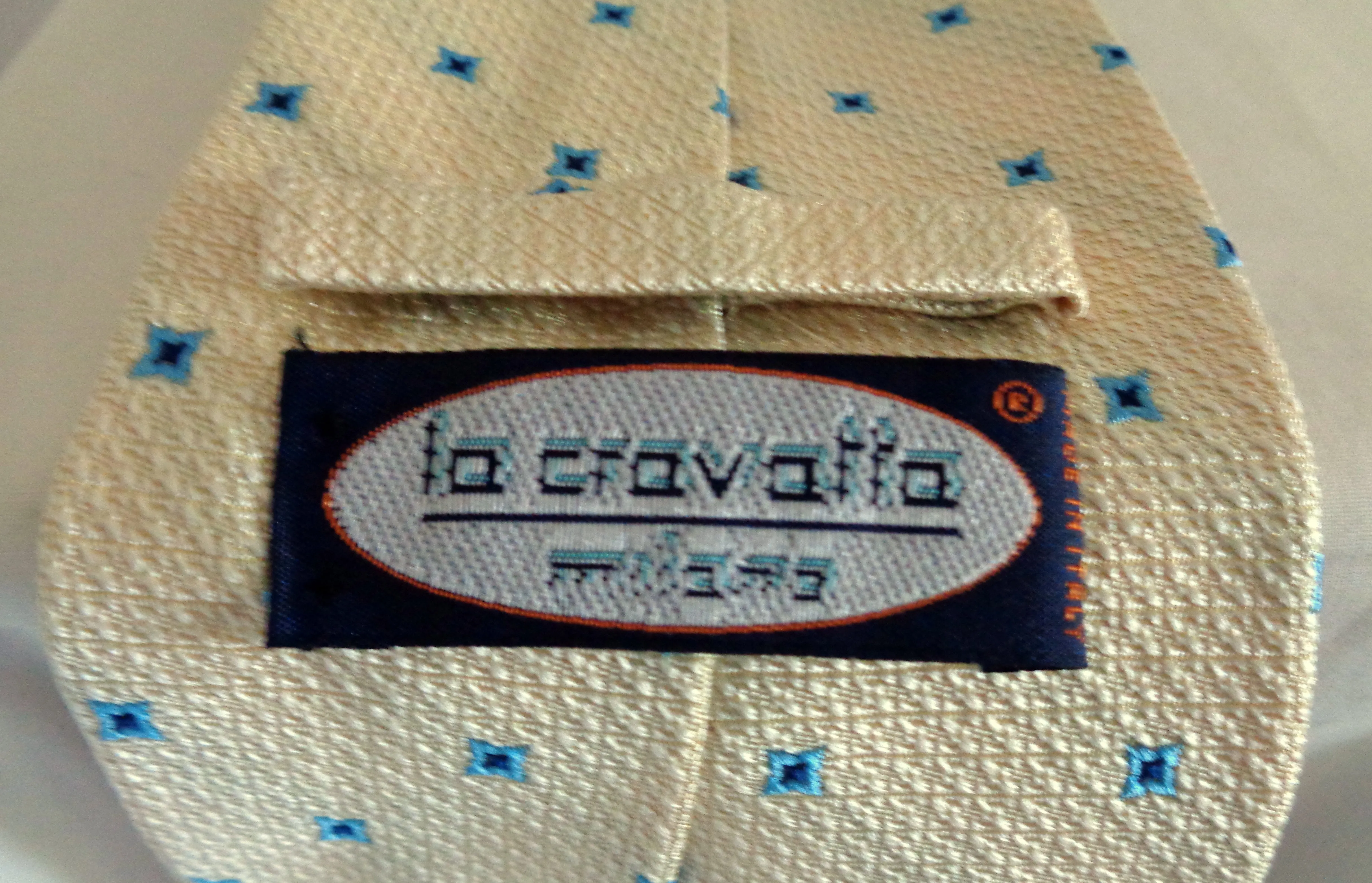 Vintage La Cravatta Silk Tie Yellow With Blue Square Motifs