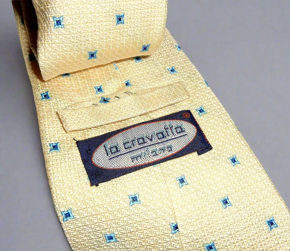 Vintage La Cravatta Silk Tie Yellow With Blue Square Motifs