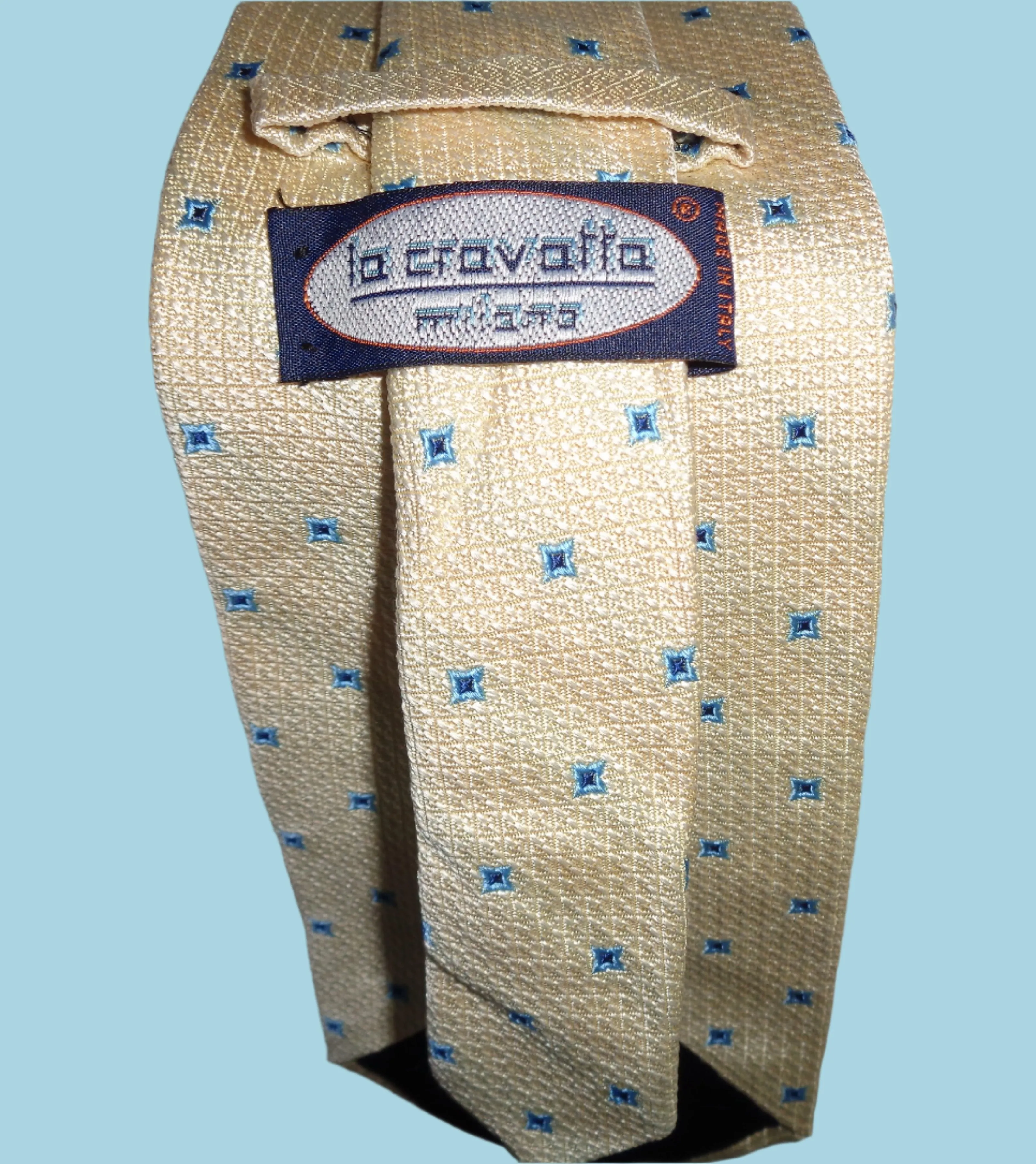 Vintage La Cravatta Silk Tie Yellow With Blue Square Motifs