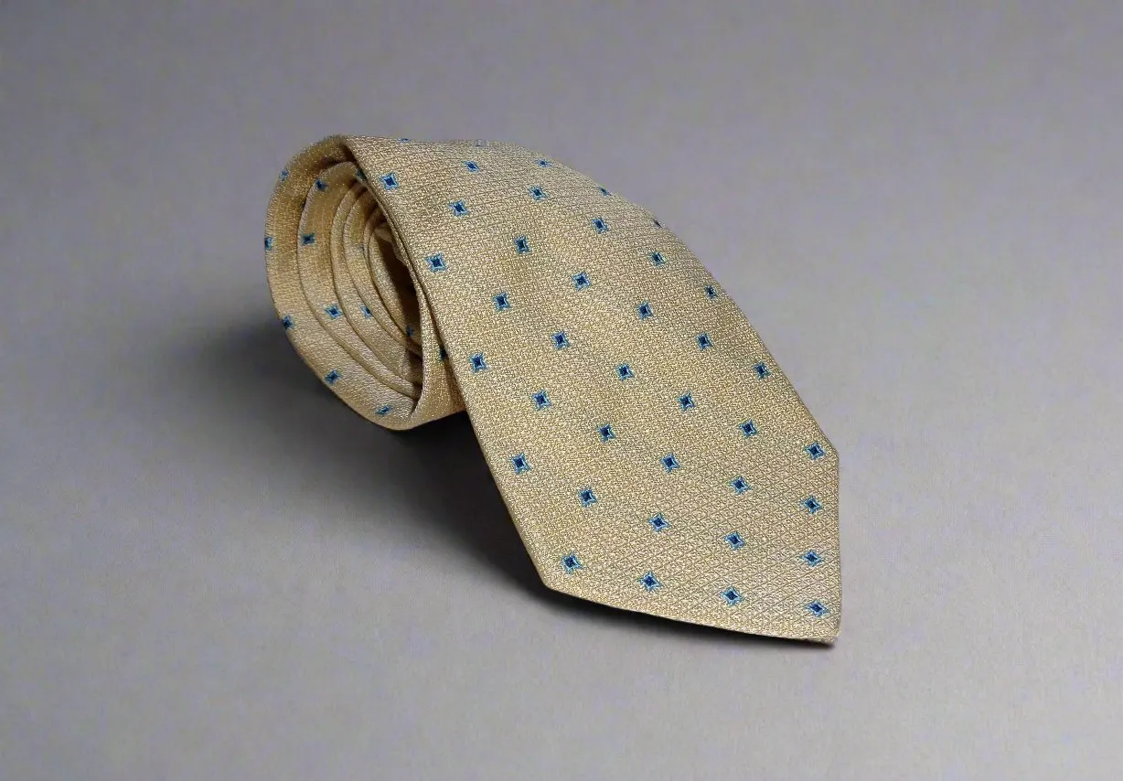 Vintage La Cravatta Silk Tie Yellow With Blue Square Motifs