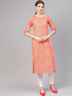 White & Orange Lehriya Straight Kurta Set With White Straight Pants