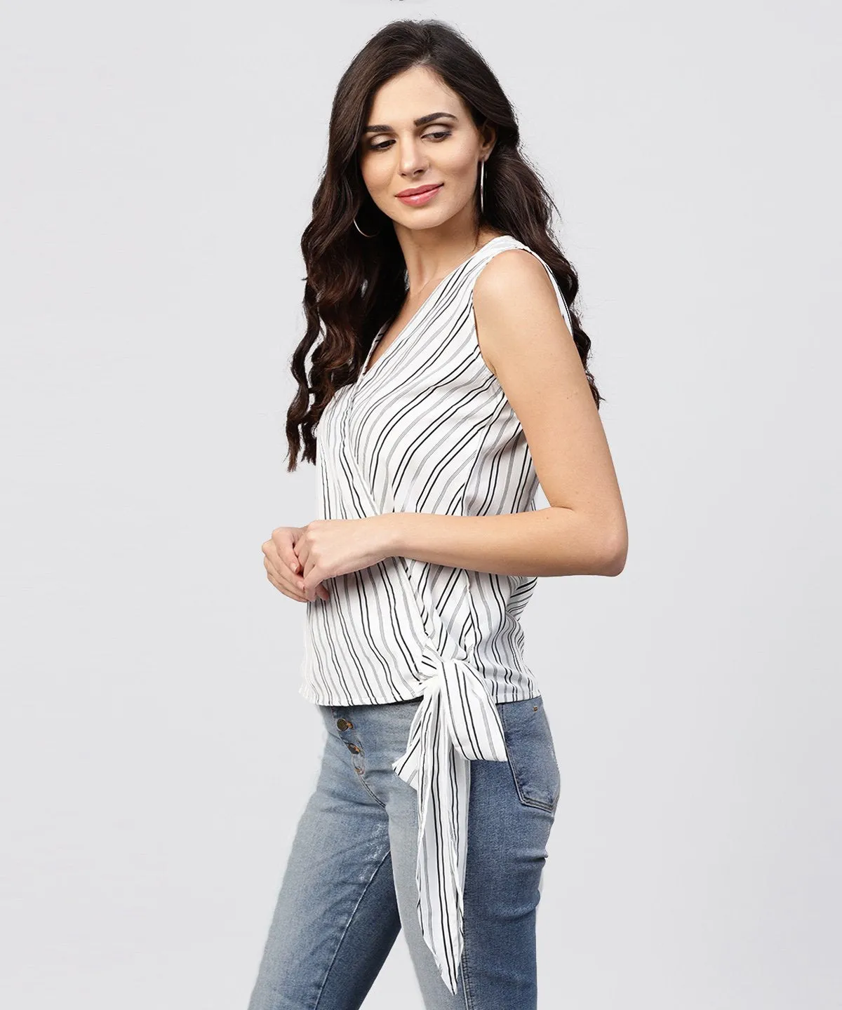 White And Grey Striped Cotton Top With V-Neck