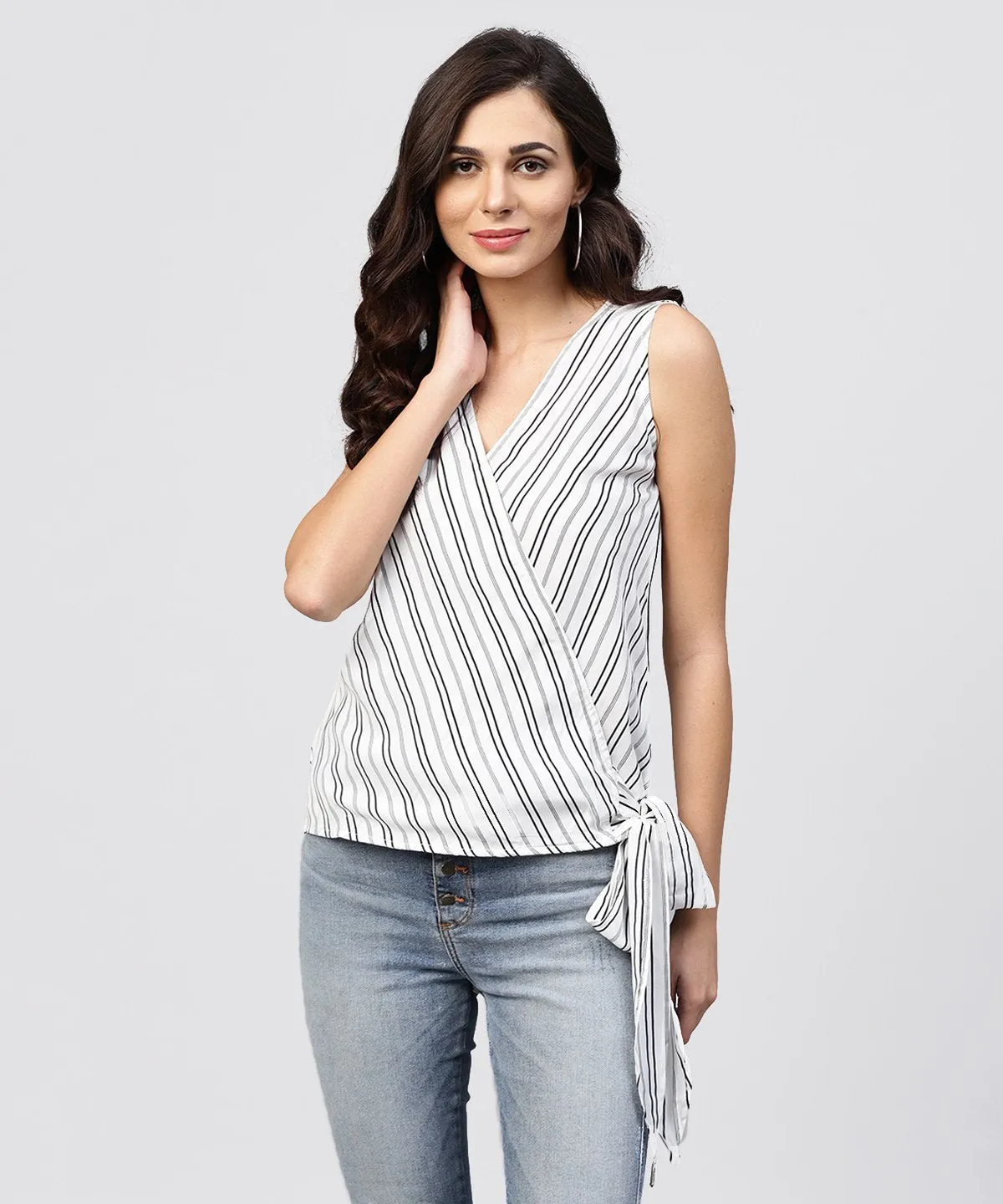 White And Grey Striped Cotton Top With V-Neck