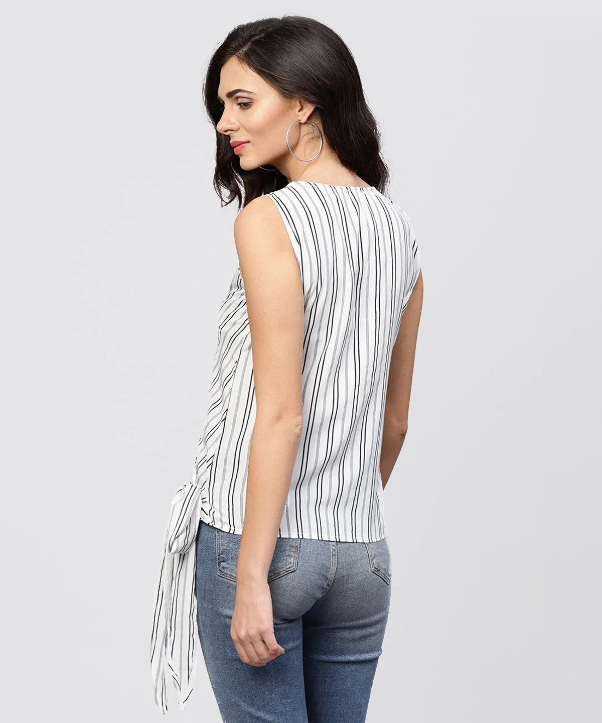 White And Grey Striped Cotton Top With V-Neck