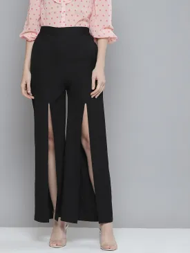 Women Black Front Slit Wide Leg Pants