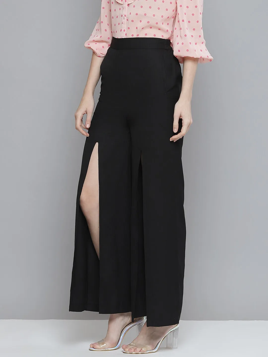 Women Black Front Slit Wide Leg Pants