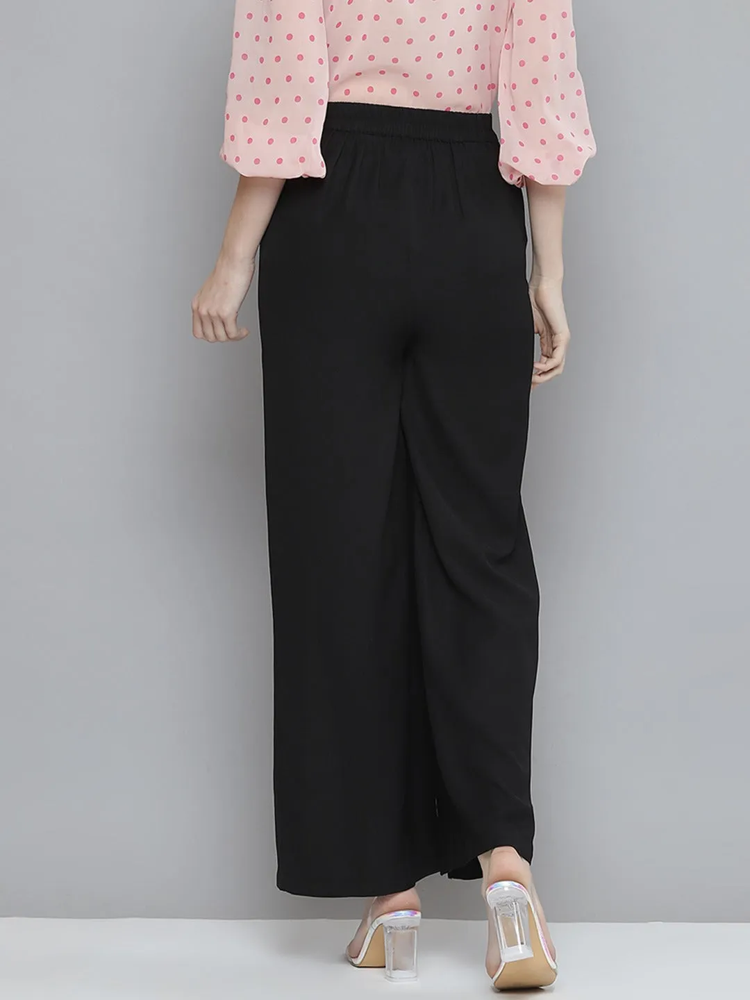 Women Black Front Slit Wide Leg Pants