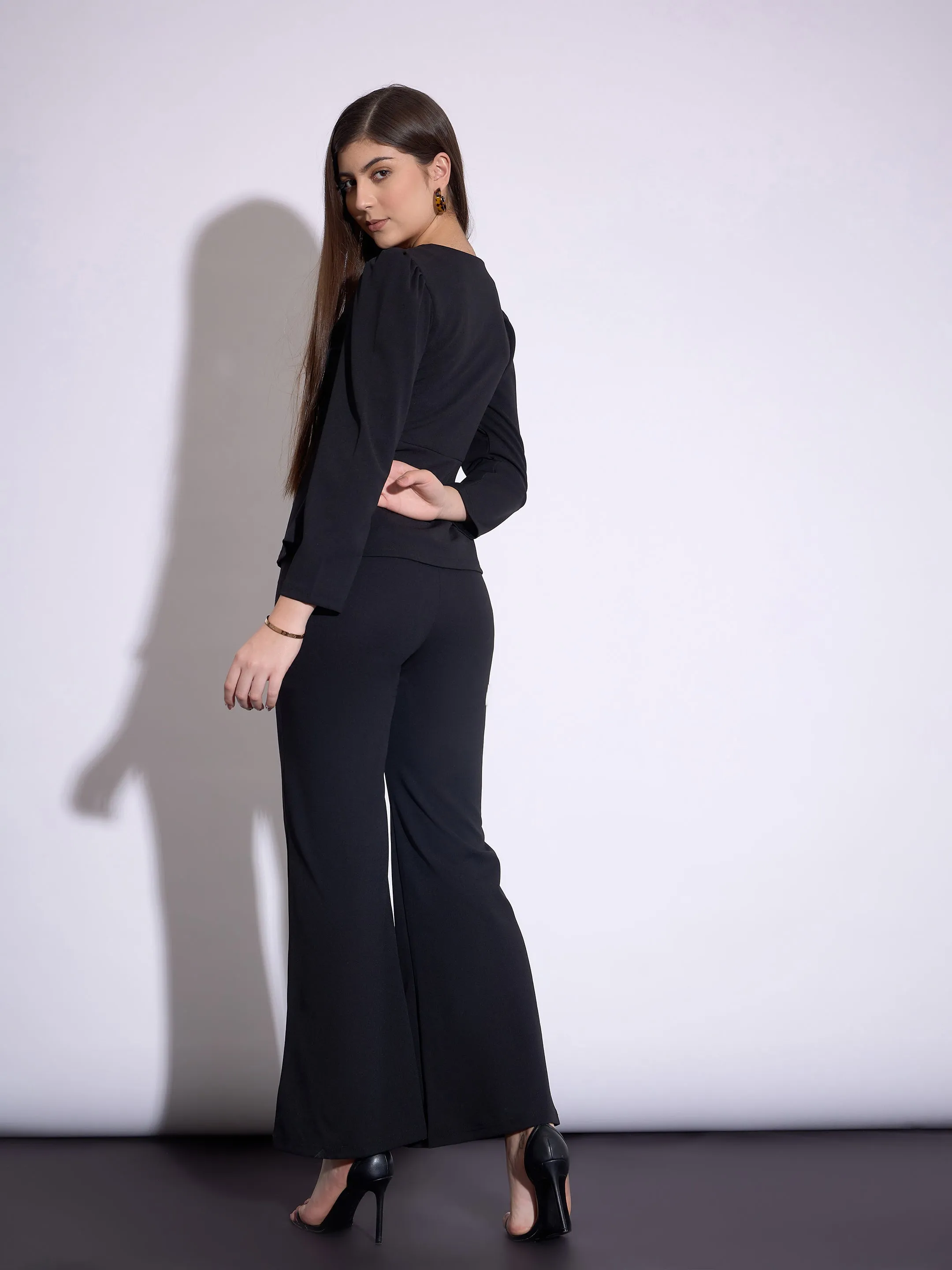 Women Black Peplum Top With Bell Bottom Pants