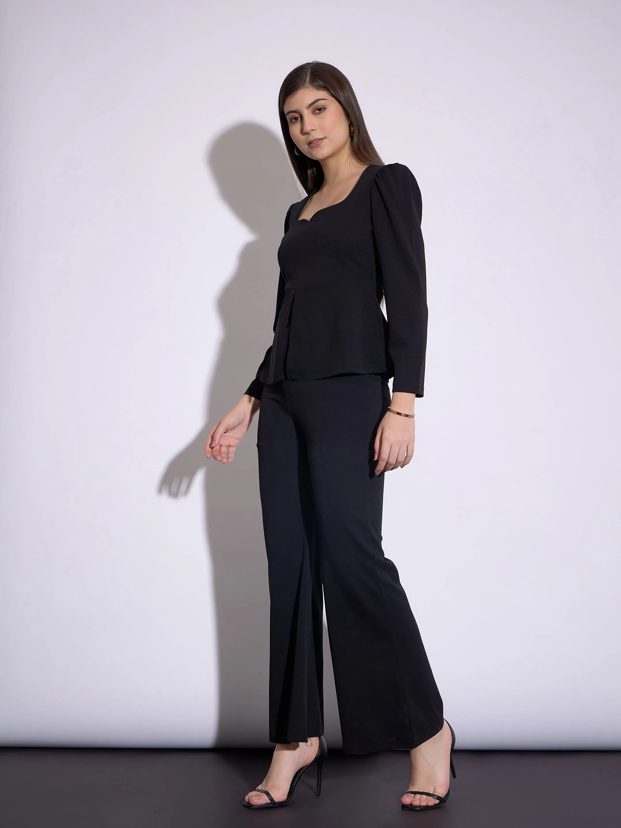 Women Black Peplum Top With Bell Bottom Pants