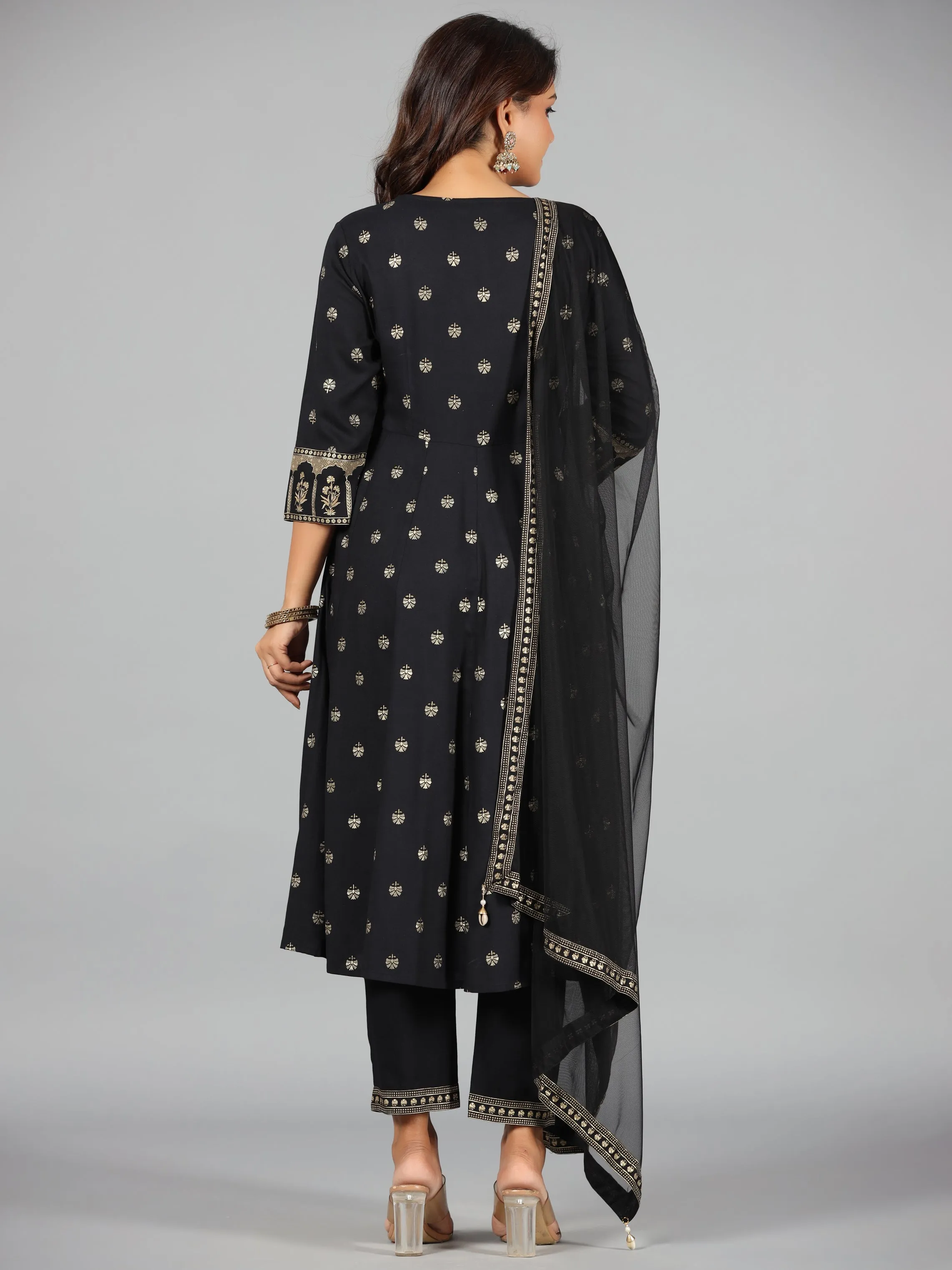 Women Black Rayon Printed With Embroidery Kurta, Pants & Dupatta Set