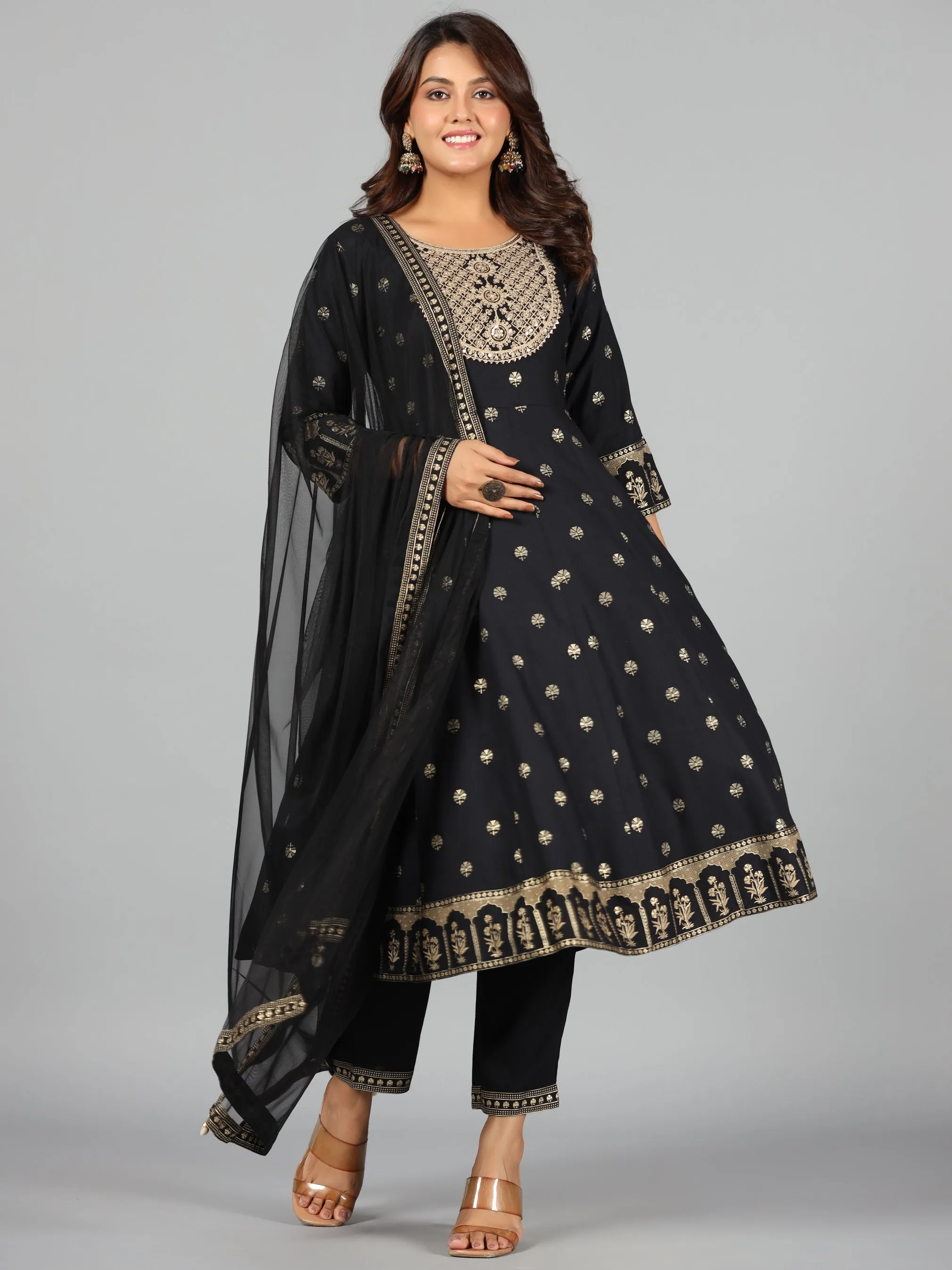 Women Black Rayon Printed With Embroidery Kurta, Pants & Dupatta Set