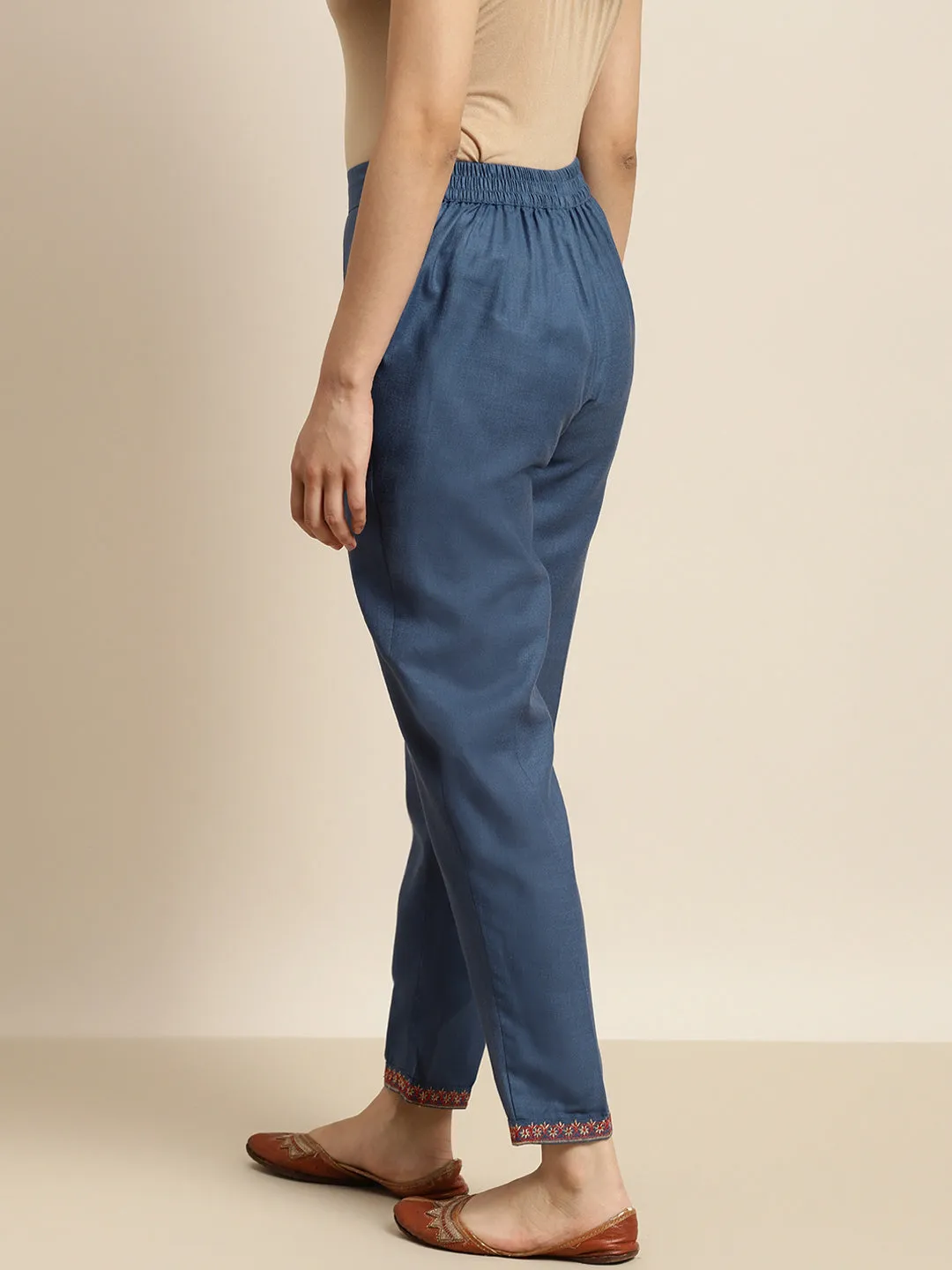 Women Blue Embroidered Pencil Pants