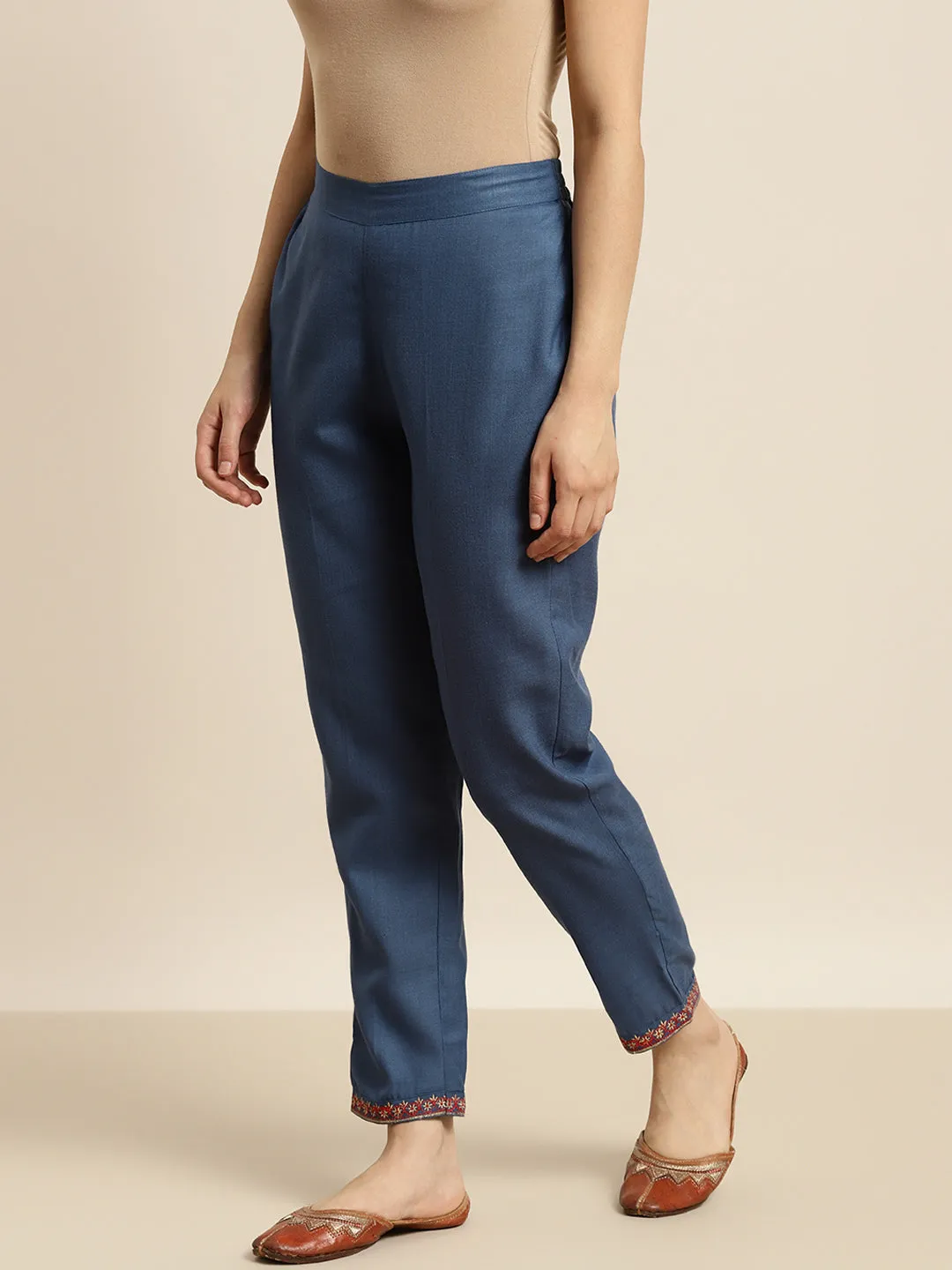 Women Blue Embroidered Pencil Pants