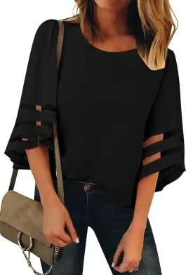 Women Casual Crew Neck Shirt Top 3/4 Bell Sleeve Mesh Panel Blouse