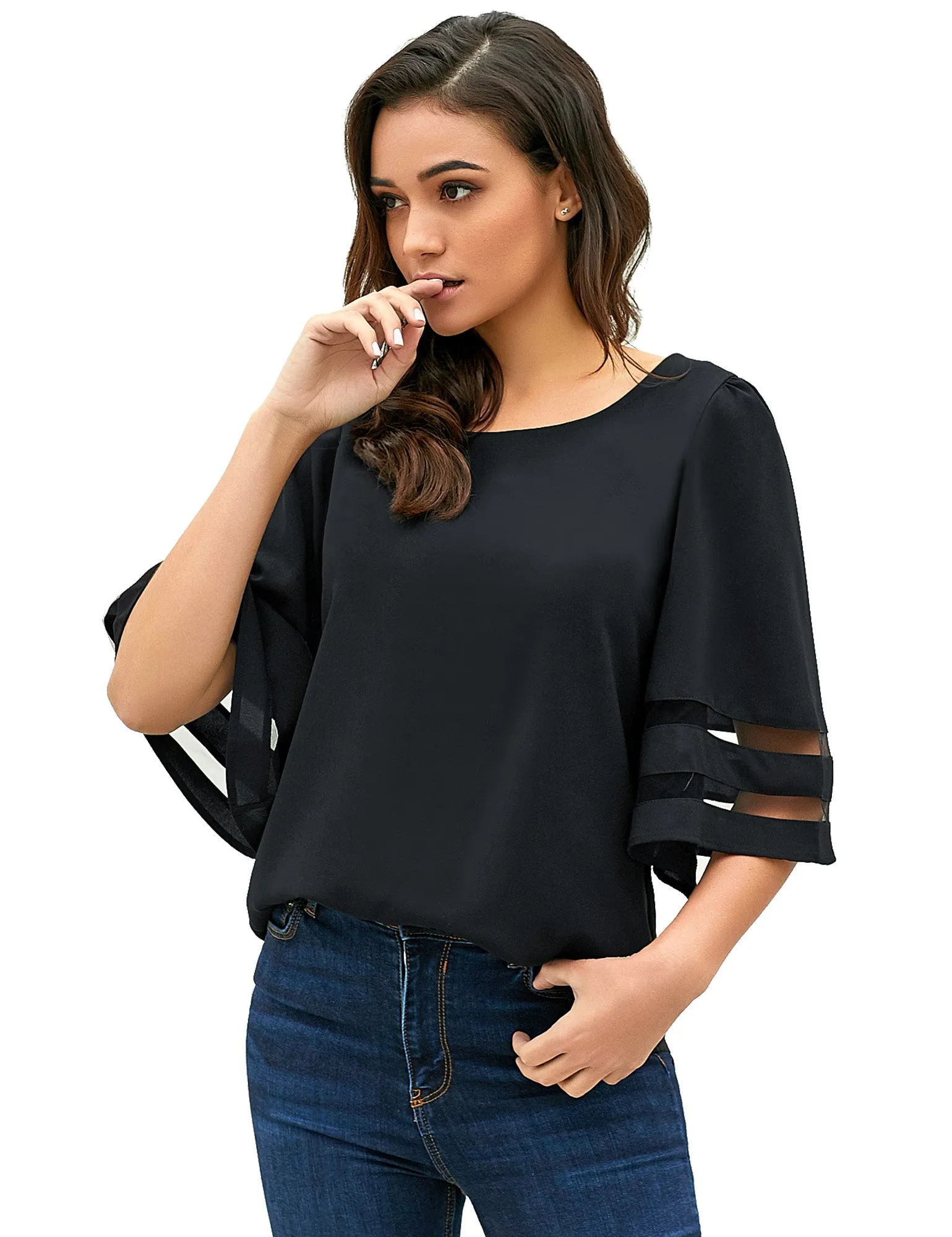 Women Casual Crew Neck Shirt Top 3/4 Bell Sleeve Mesh Panel Blouse