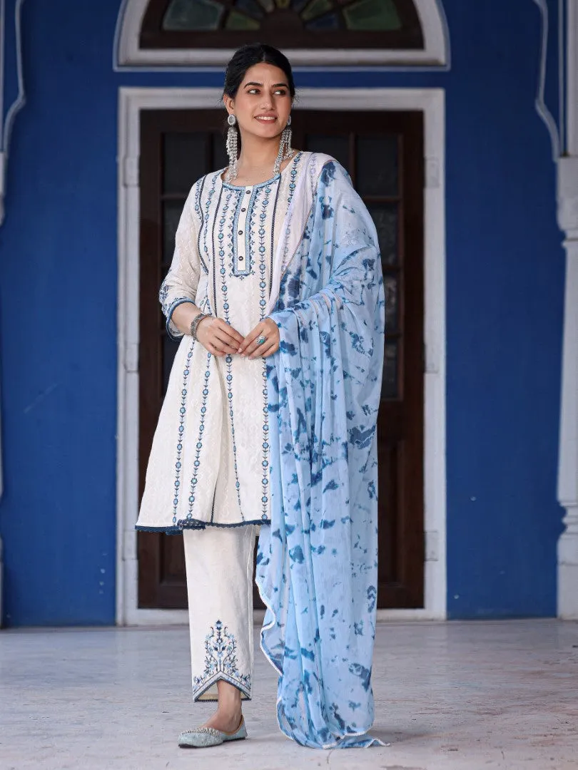 Women Cotton Dobby Embroidered White Kurta, Pants & Dupatta Set