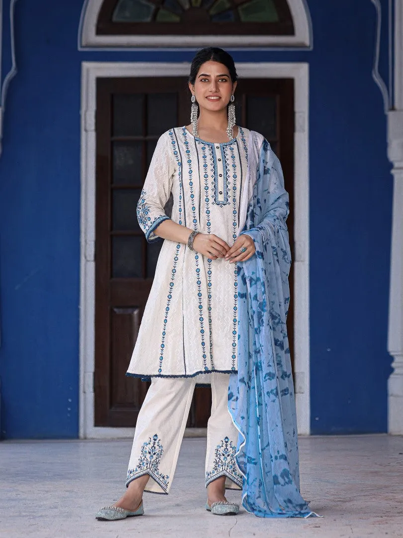 Women Cotton Dobby Embroidered White Kurta, Pants & Dupatta Set