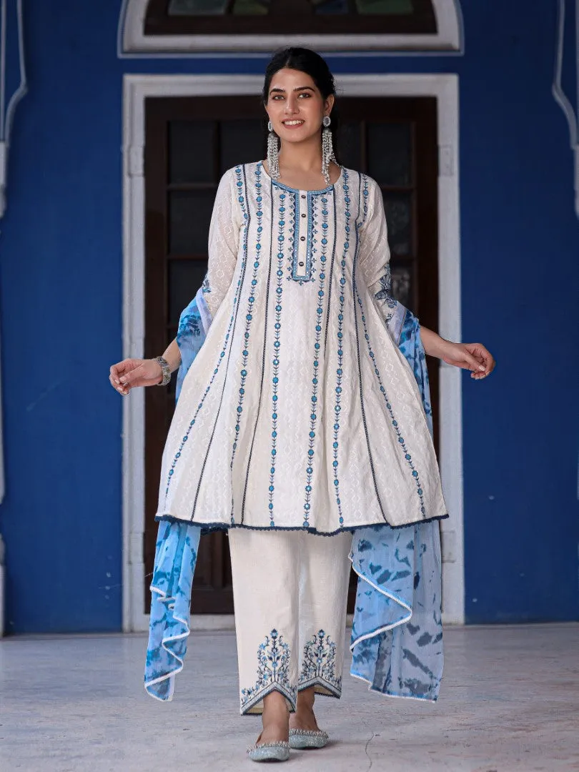 Women Cotton Dobby Embroidered White Kurta, Pants & Dupatta Set