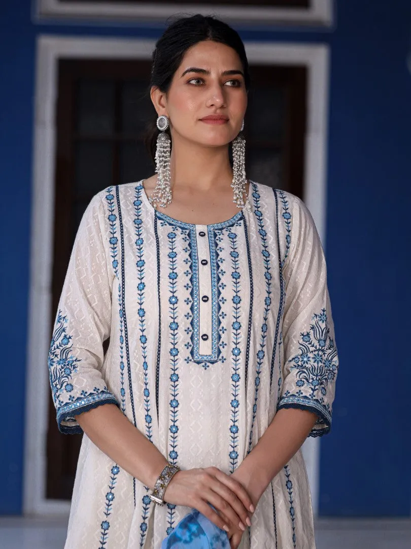 Women Cotton Dobby Embroidered White Kurta, Pants & Dupatta Set