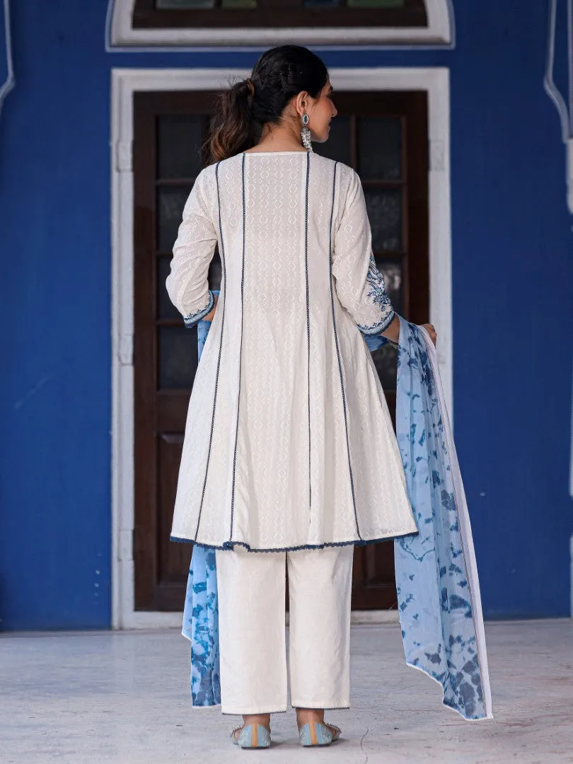 Women Cotton Dobby Embroidered White Kurta, Pants & Dupatta Set