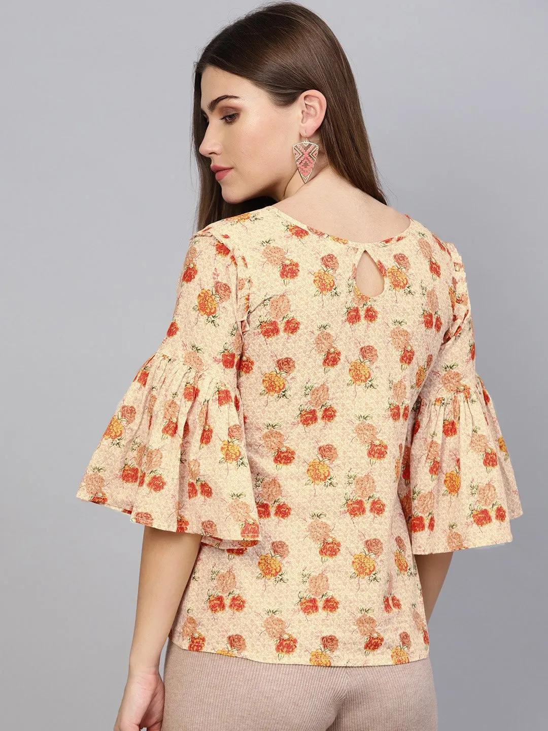 Women Cream-Coloured & Orange Printed Top