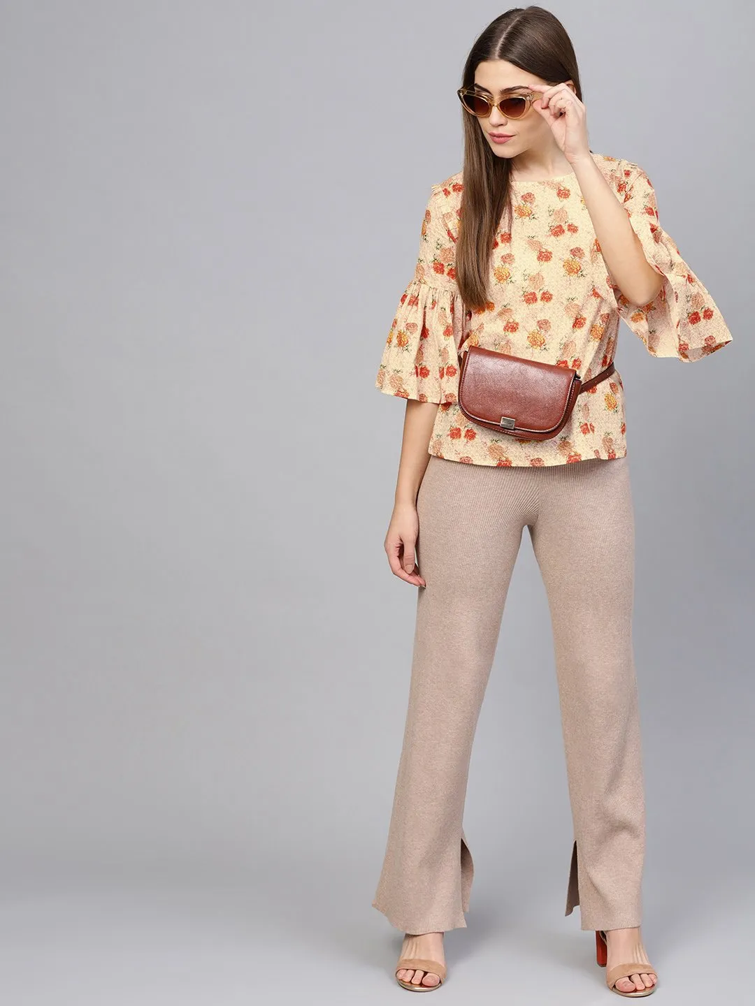 Women Cream-Coloured & Orange Printed Top