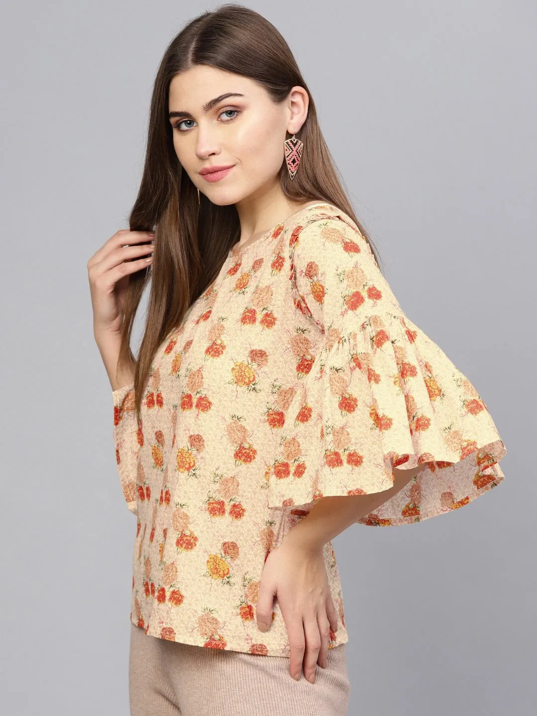 Women Cream-Coloured & Orange Printed Top