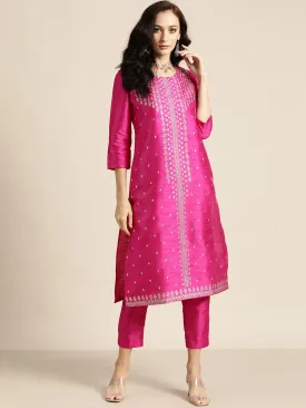 Women Fuchsia Mukaish Work Kurta With Pencil Pants