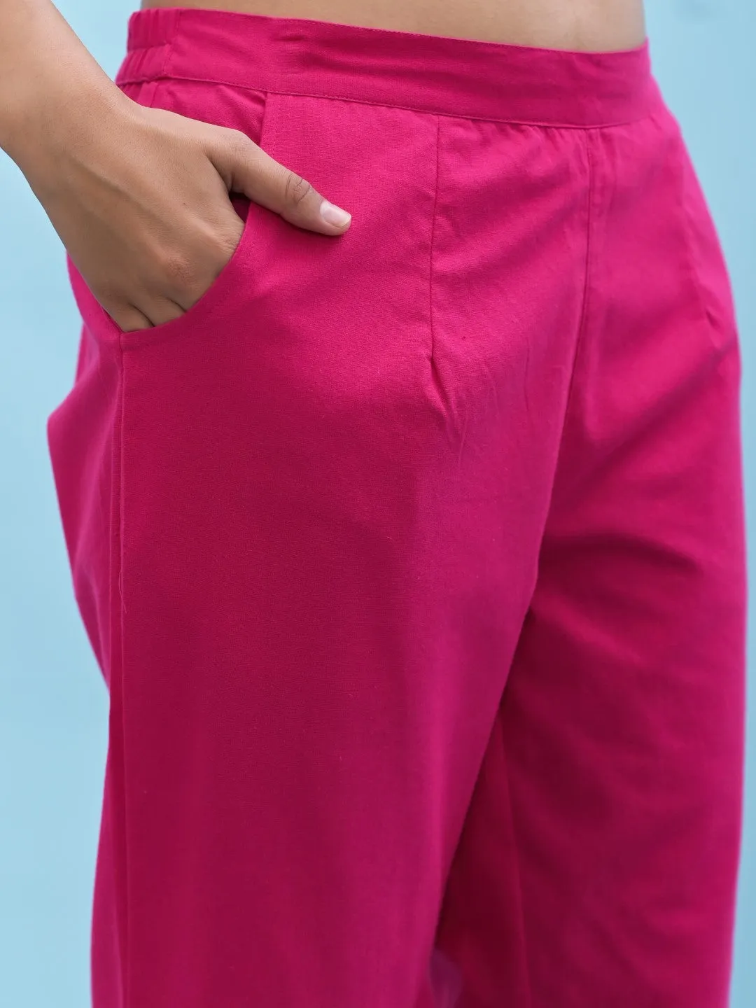 Women Fuchsia Solid Cotton Pants With Partially Elasticated Waistband And Two Side Pockets