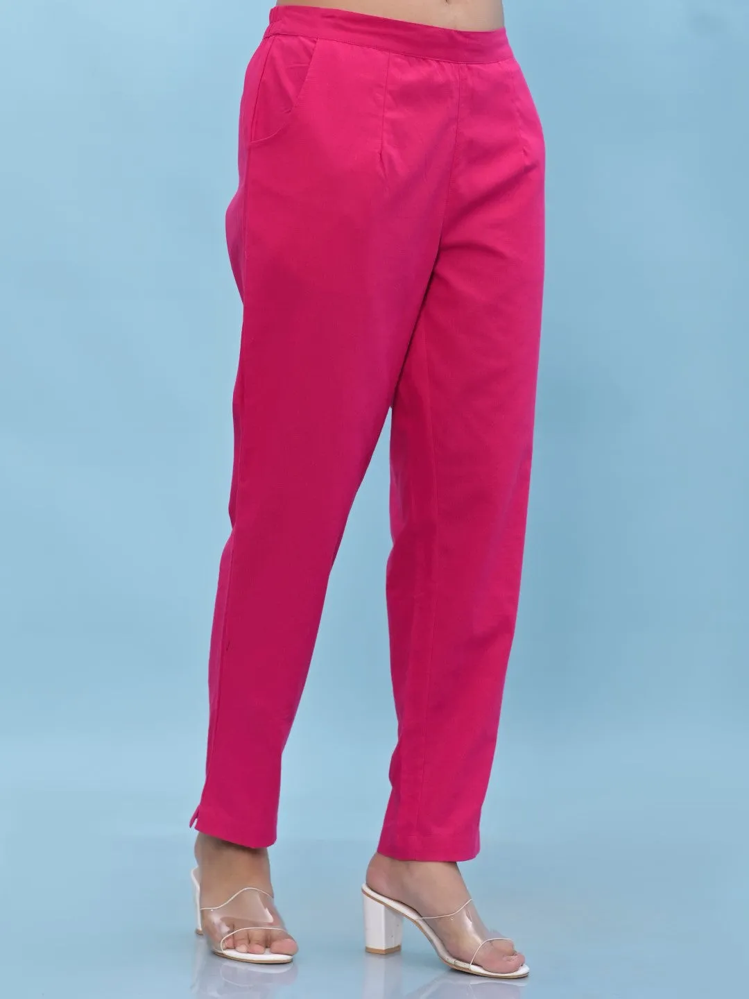 Women Fuchsia Solid Cotton Pants With Partially Elasticated Waistband And Two Side Pockets