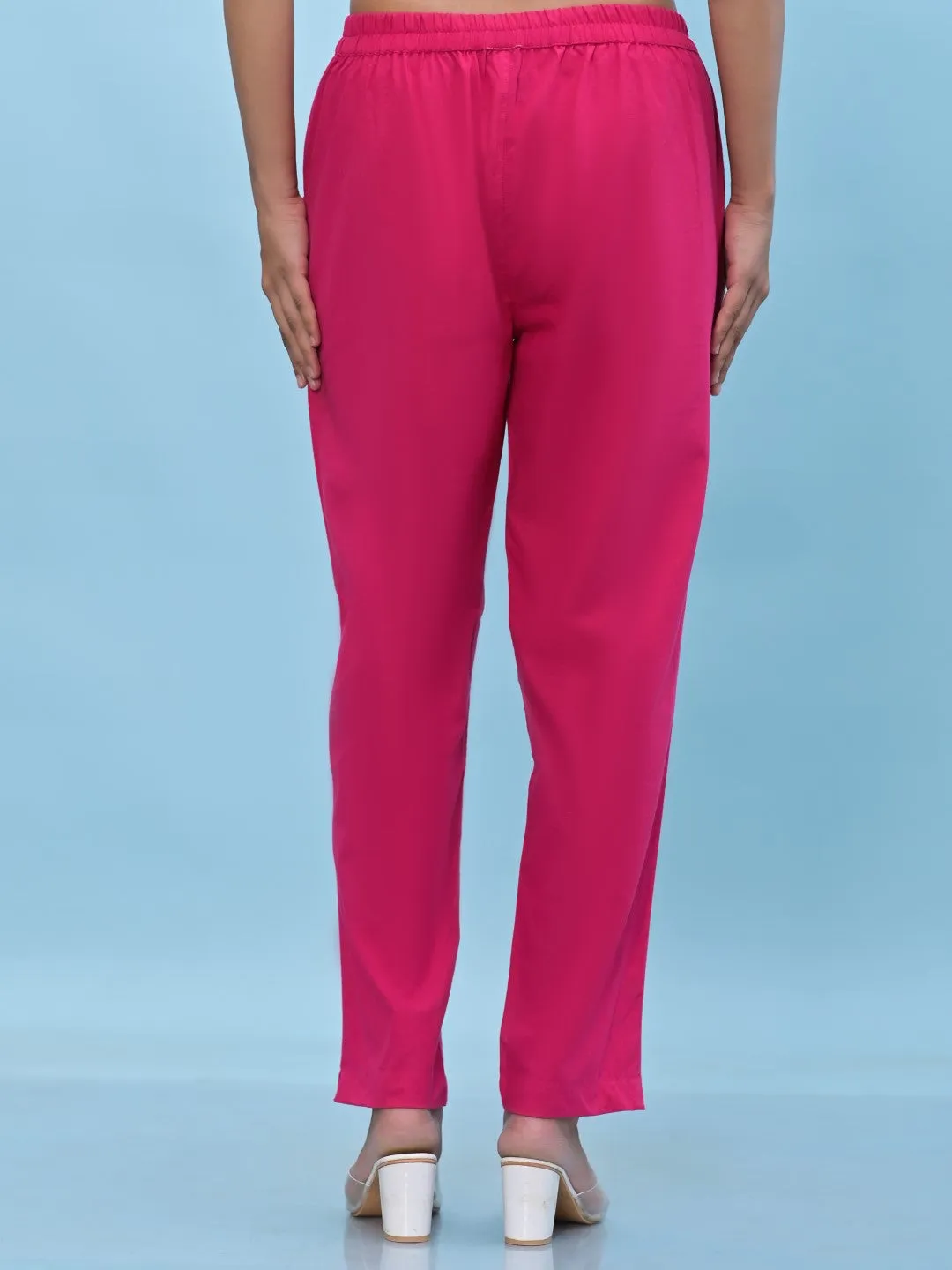 Women Fuchsia Solid Cotton Pants With Partially Elasticated Waistband And Two Side Pockets