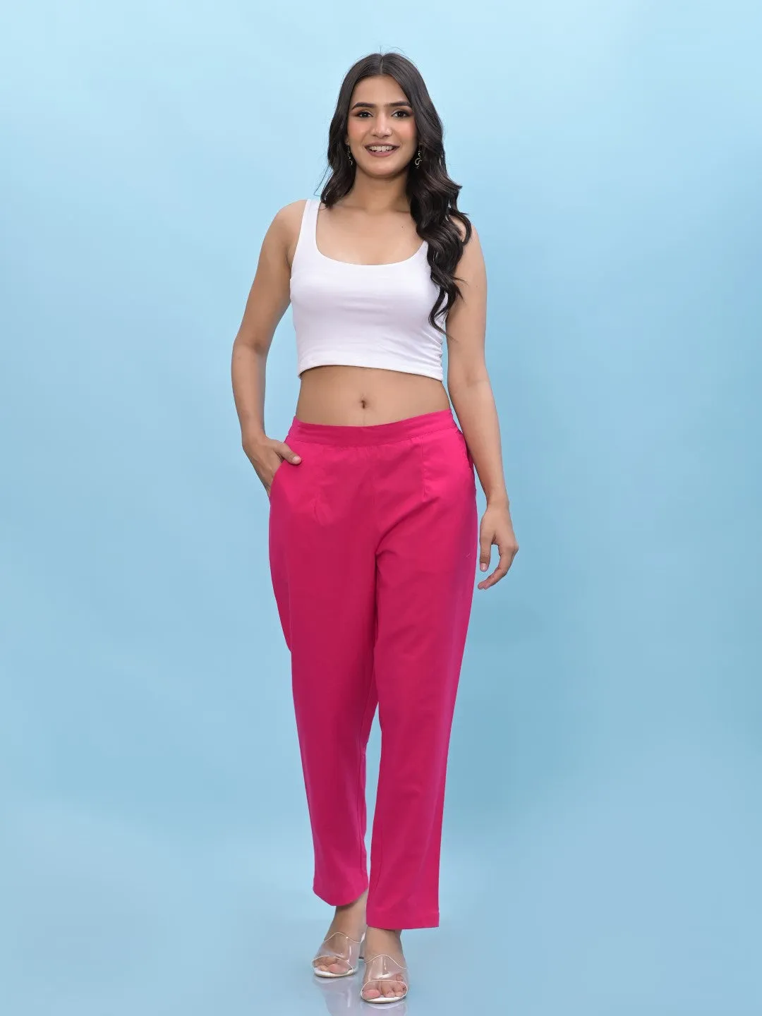 Women Fuchsia Solid Cotton Pants With Partially Elasticated Waistband And Two Side Pockets