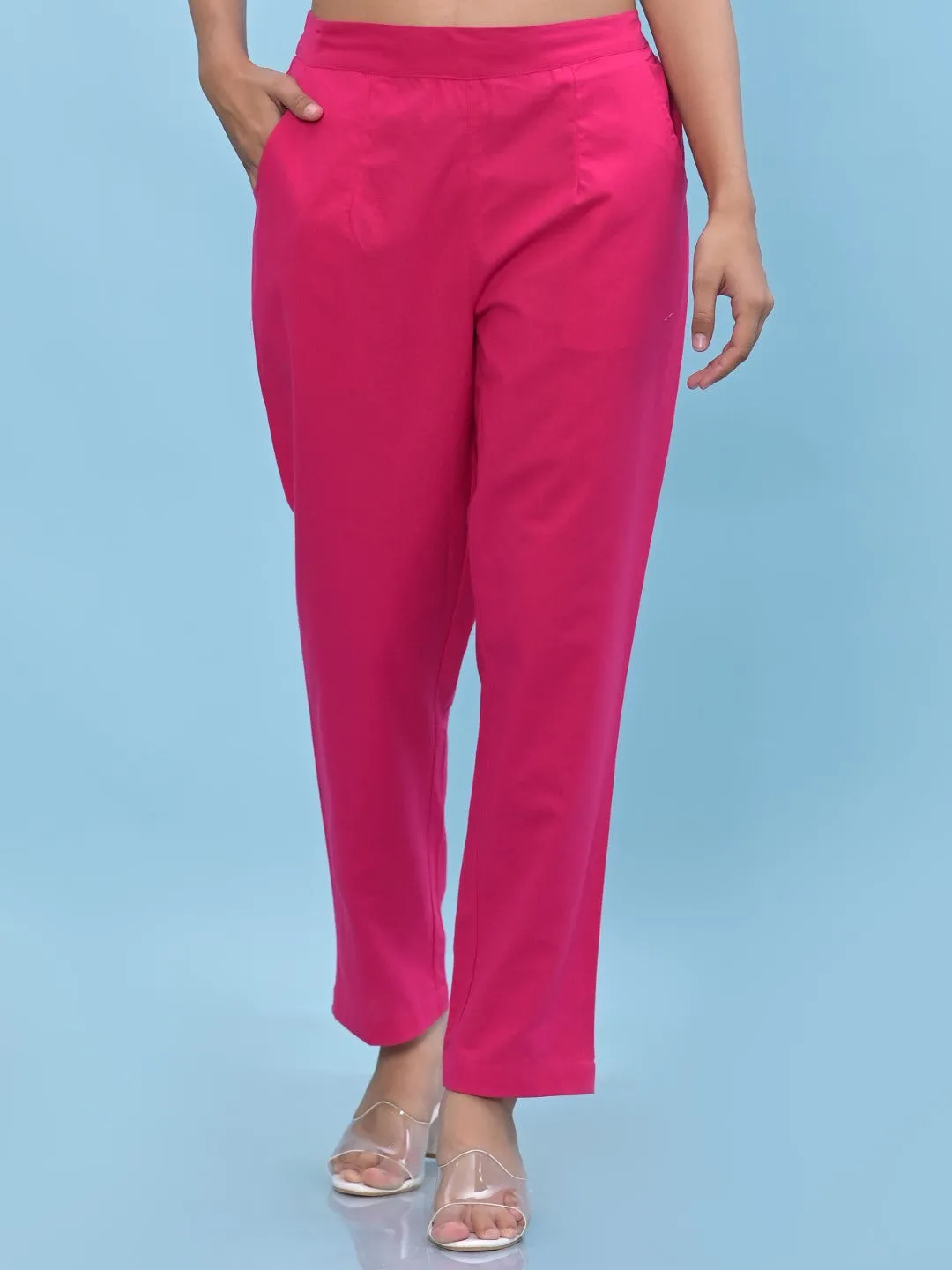 Women Fuchsia Solid Cotton Pants With Partially Elasticated Waistband And Two Side Pockets