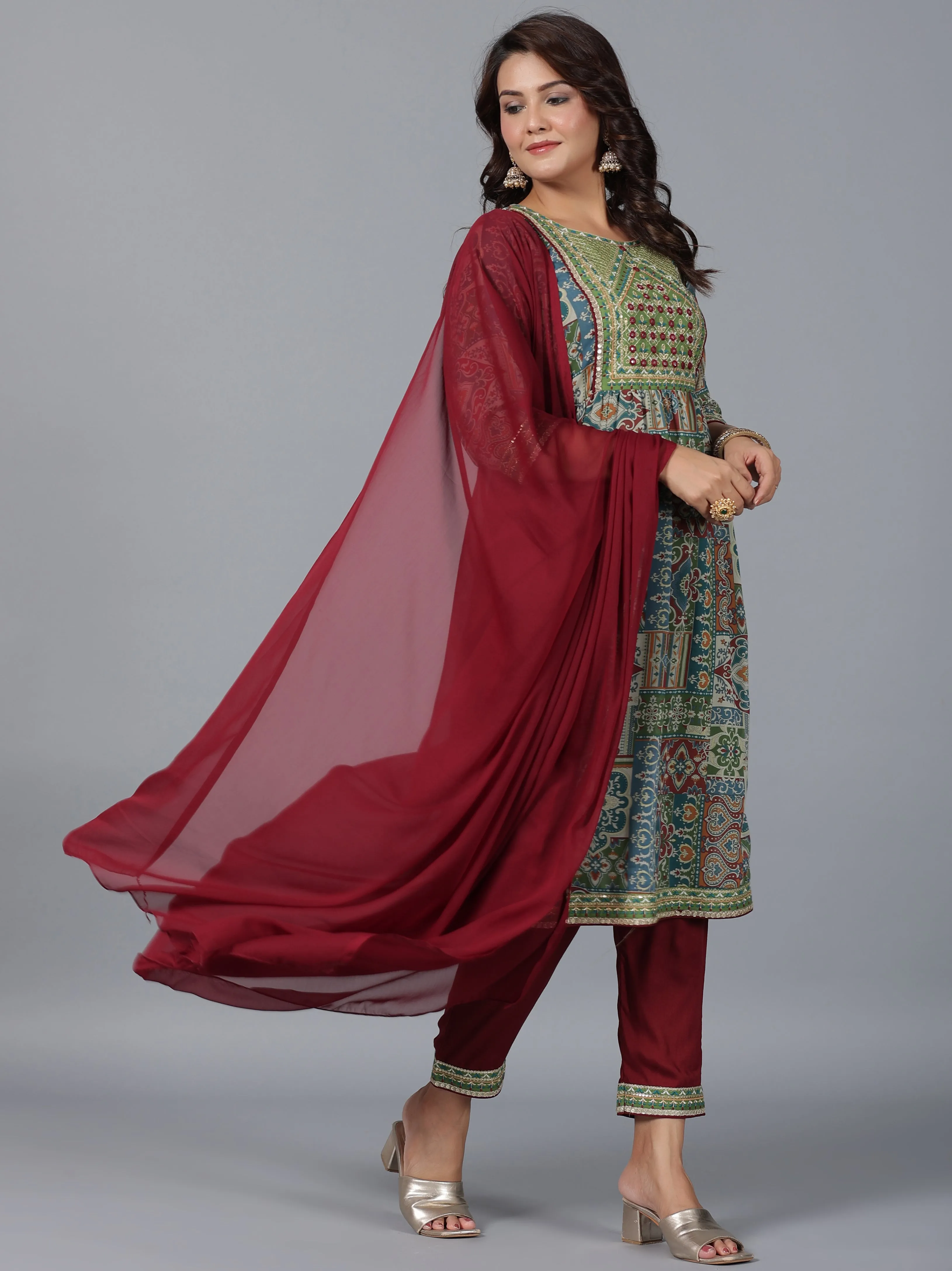 Women Green Chiffon Printed With Embroidery Kurta, Pants & Dupatta Set