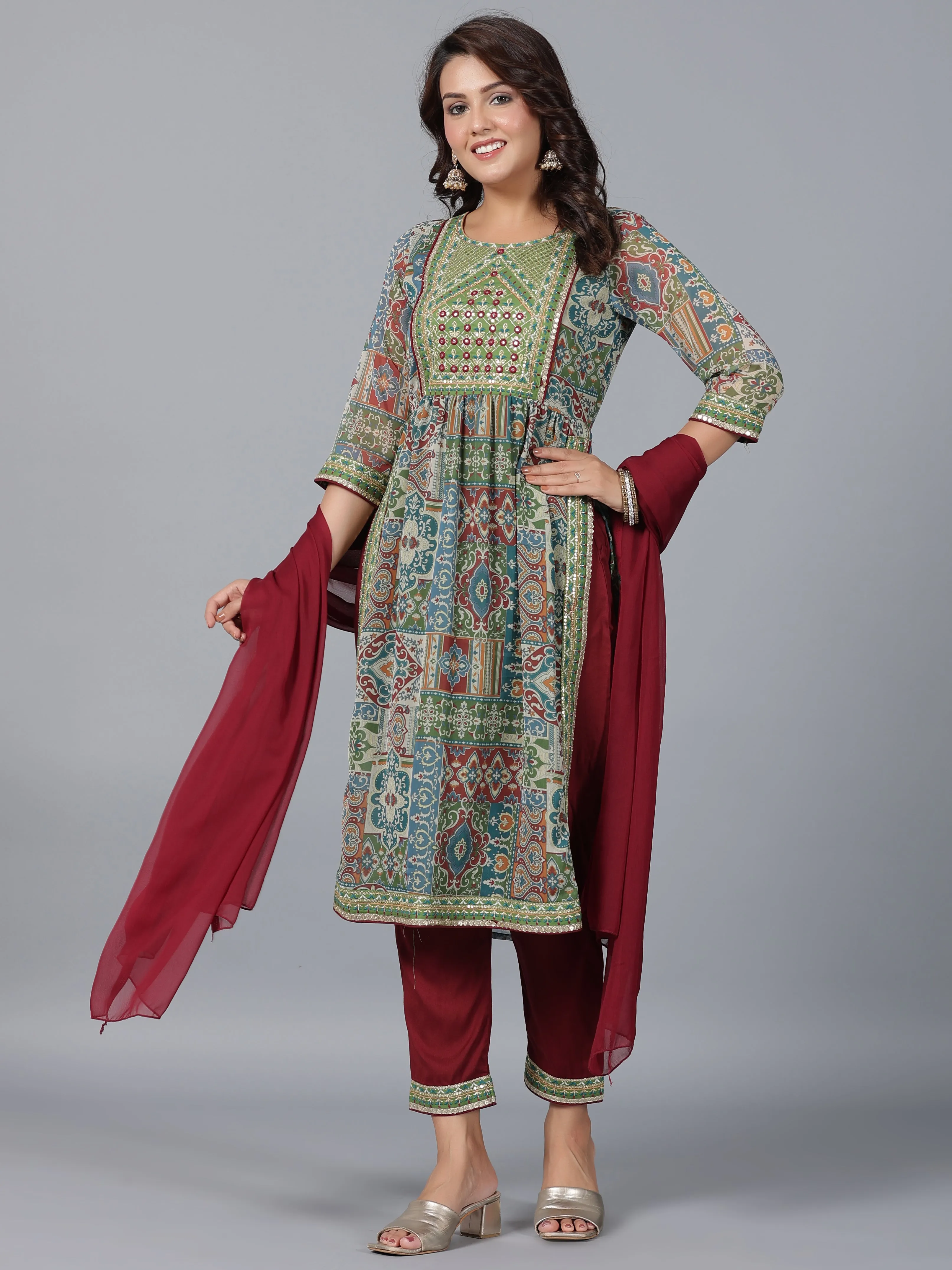 Women Green Chiffon Printed With Embroidery Kurta, Pants & Dupatta Set