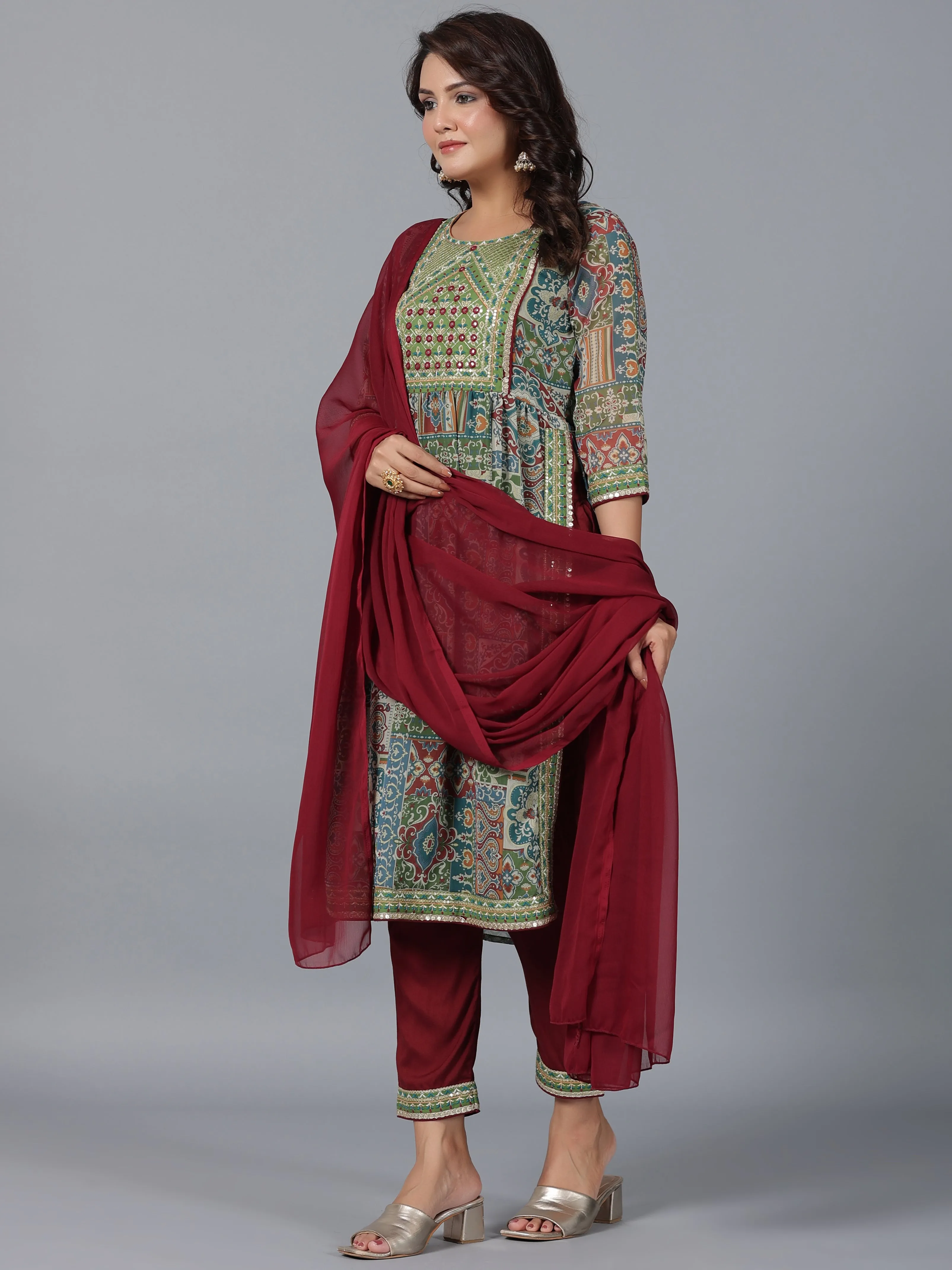 Women Green Chiffon Printed With Embroidery Kurta, Pants & Dupatta Set