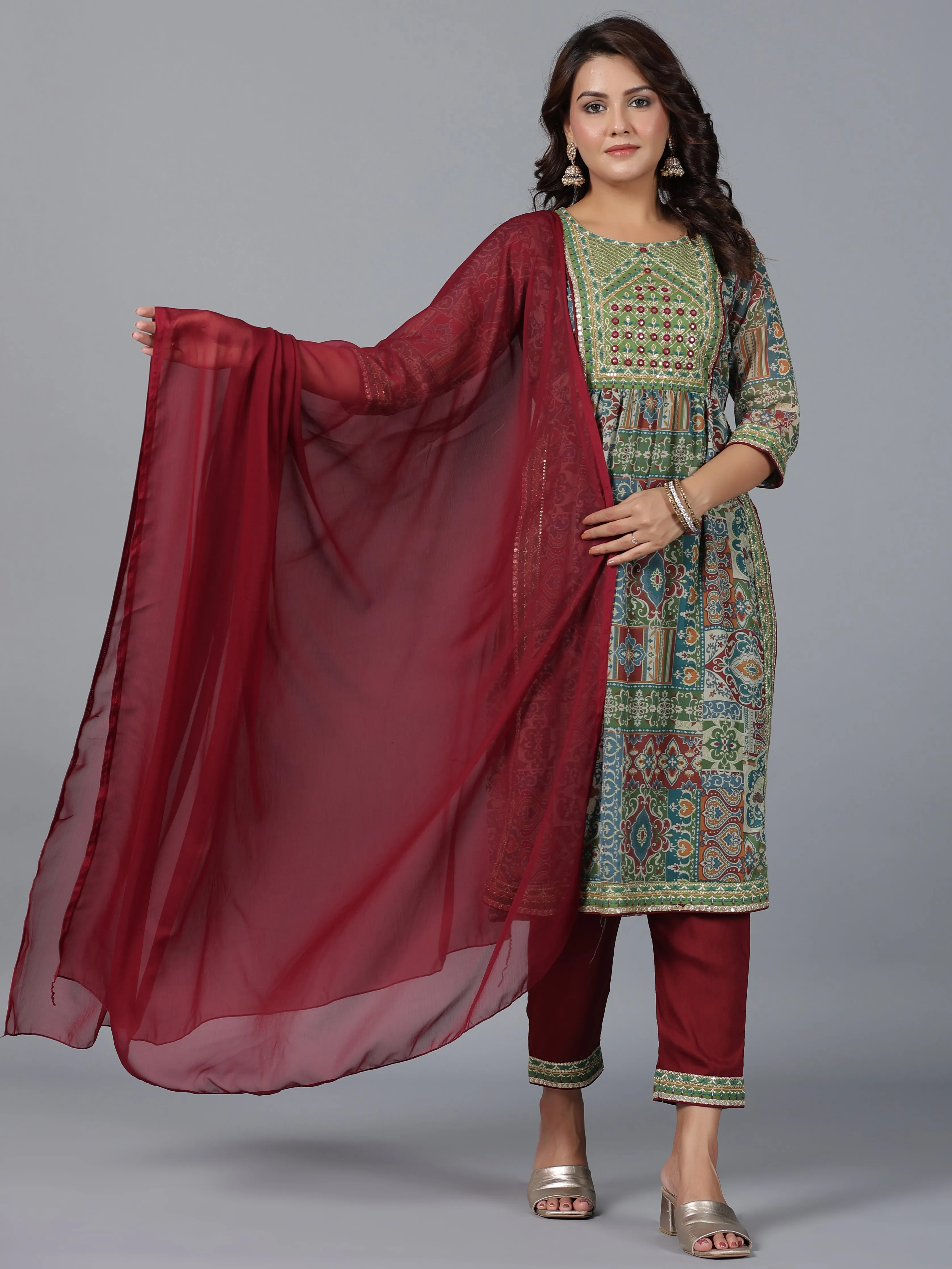 Women Green Chiffon Printed With Embroidery Kurta, Pants & Dupatta Set