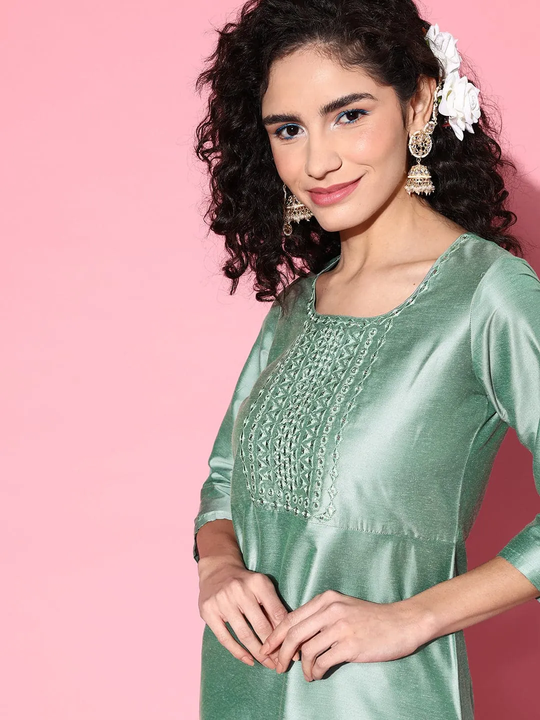 Women Green Mirror Embroidered Kurta With Pants