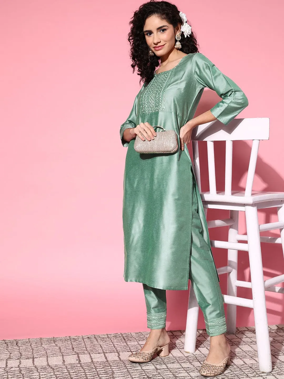 Women Green Mirror Embroidered Kurta With Pants